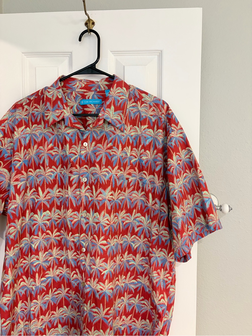 Tori Richard Hawaiian Shirt Mens XL Red Blue Palm Tree Cotton Lawn - Picture 2 of 7